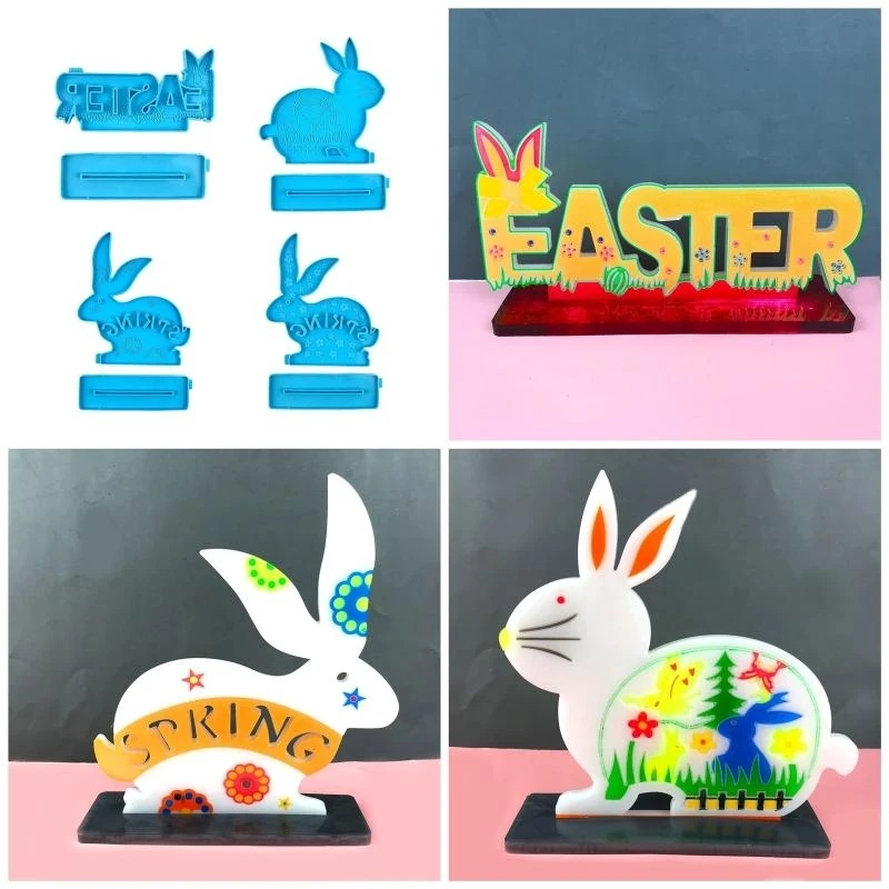 F92dイースターウサギバニーデスクトップ装飾エポキシ樹脂カビのテーブルサインプラーク図