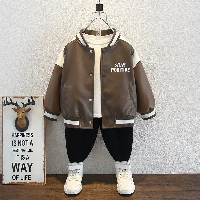 Children's Leather Jacket Boys Fashion Coat Autumn Kids Biker Colour Blocking Outerwear New Spring Baby Loose Casual Clothes