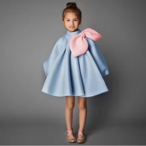 Girls' Boutique Princess Evening Dress with Bow Puff Sleeves Wedding Birthday Baptism Eid Party Dress for Girls