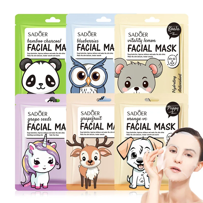 

5pcs SADOER Cartoon Fresh Fruit Facial Masks Moisturizing Soothing Brightening Hydrating Face Mask for Facial Skin Care
