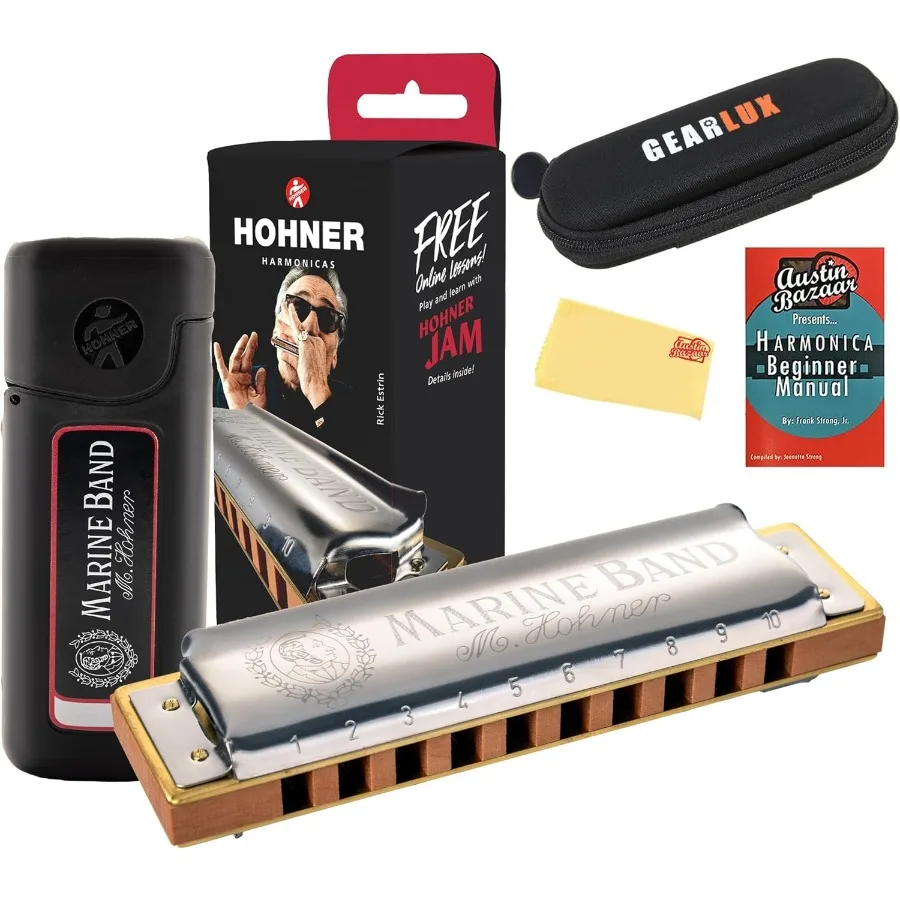 

Hohner Marine Band 1896 Harmonica in E Flat with Case Pouch Online Instructional Manual and Austin Bazaar Polishing Cloth Ideal
