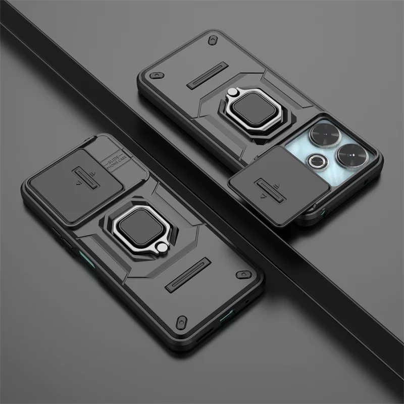 Armor Funda for Xiaomi Poco M6 4G Case Slide Camera Lens Protection Phone Cover Pocco Poko Little M6 M 6 PocoM6 Ring Stand Cases