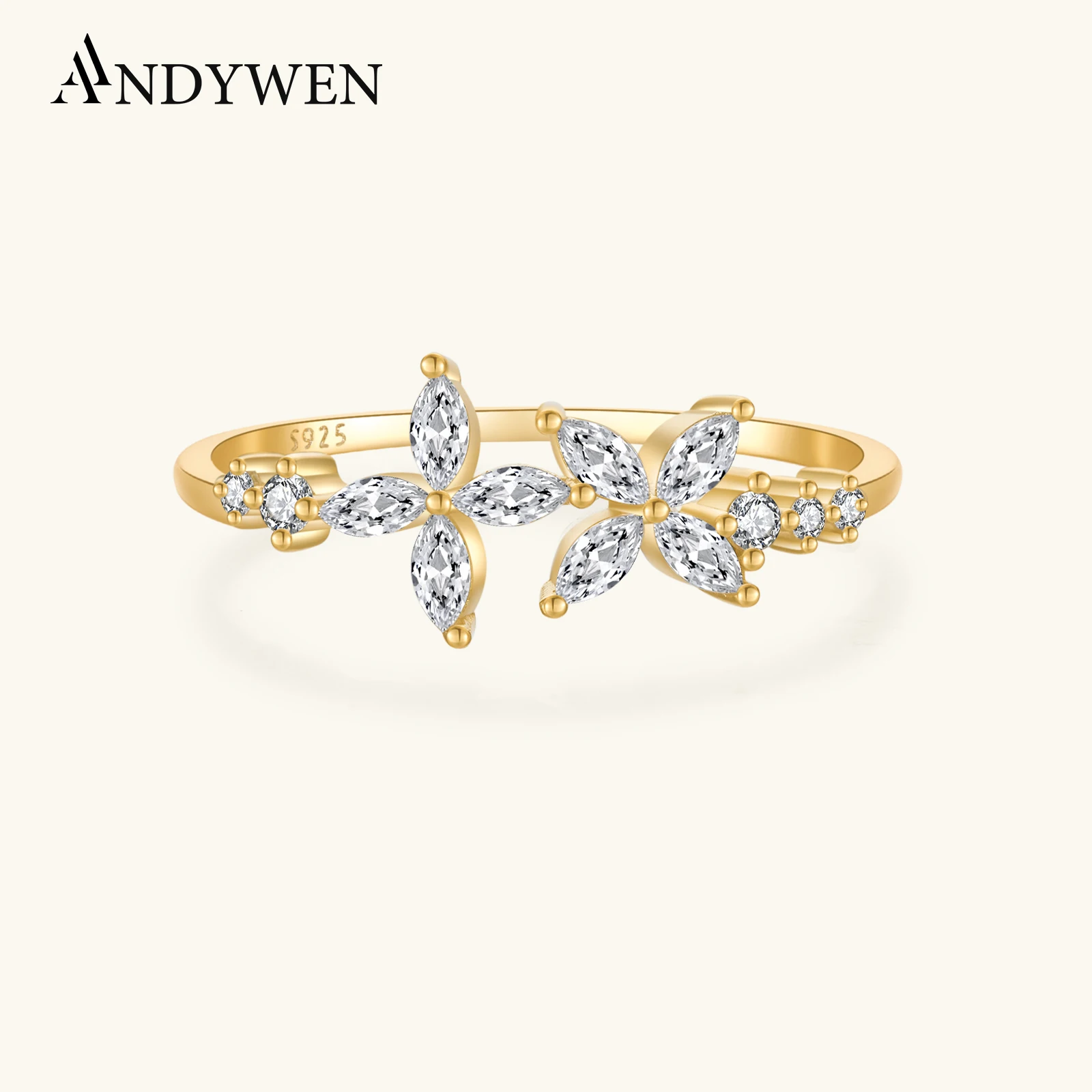ANDYWEN nowy 925 Sterling Silver kwadrat kwiat Marqulse cyrkon prosty wyraźny pierścionek kobiety srebrne wesele imprezowa biżuteria