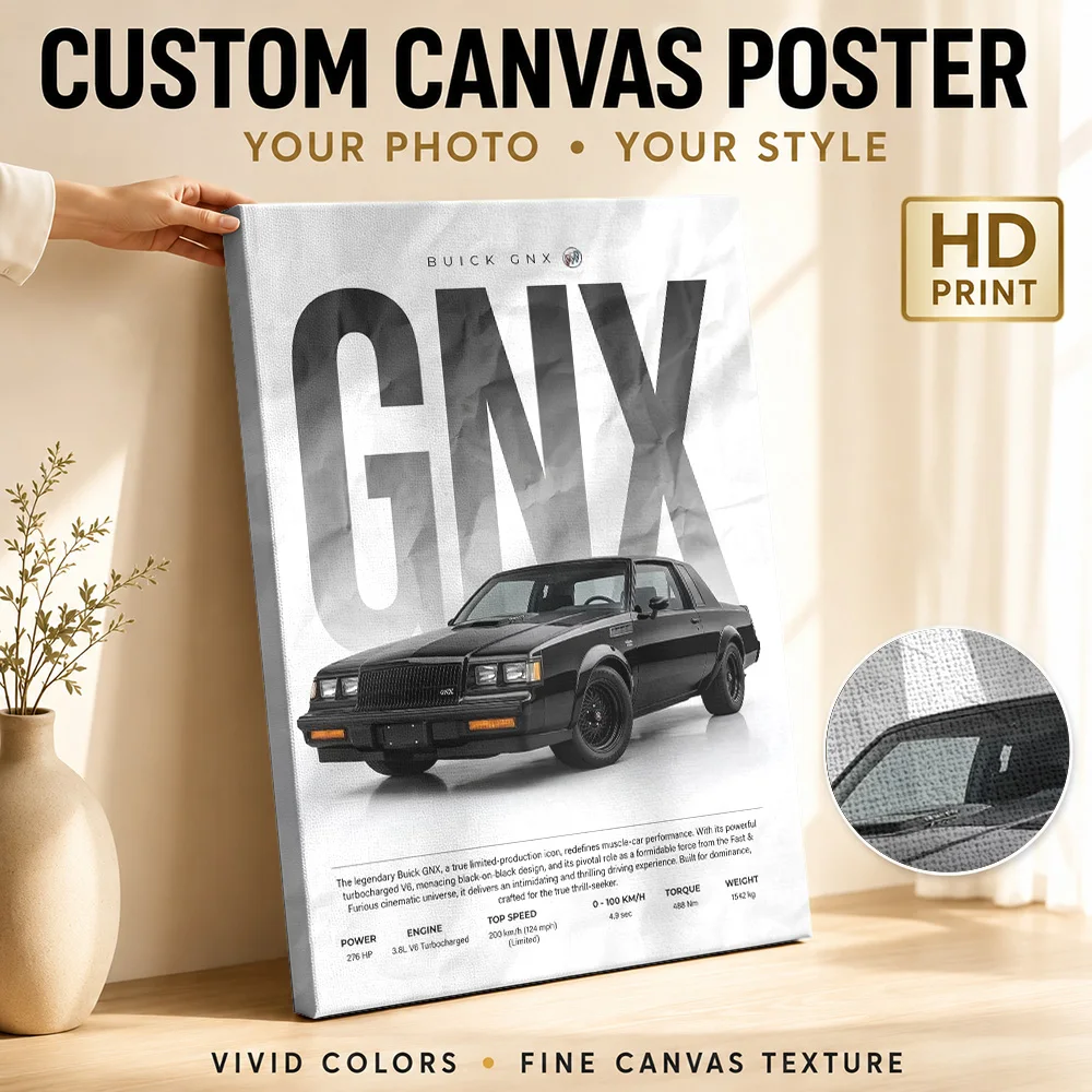Sleek black classic Sports GNX car Canvas Painting Poster Customized Photo Retro Automotive Canvas Wall Art for Man Cave Decor