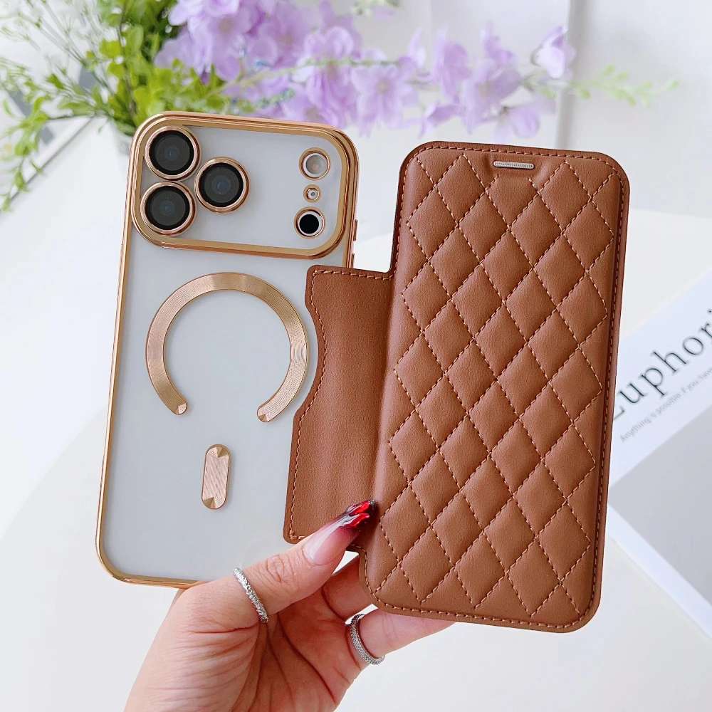 

Phone Case For iPhone 16 Pro Max 17 Air 16E 15 Plus 14 13 12 11 Card Holder Diamond Grid Flip Pu Leather Magnetic Charging Cover