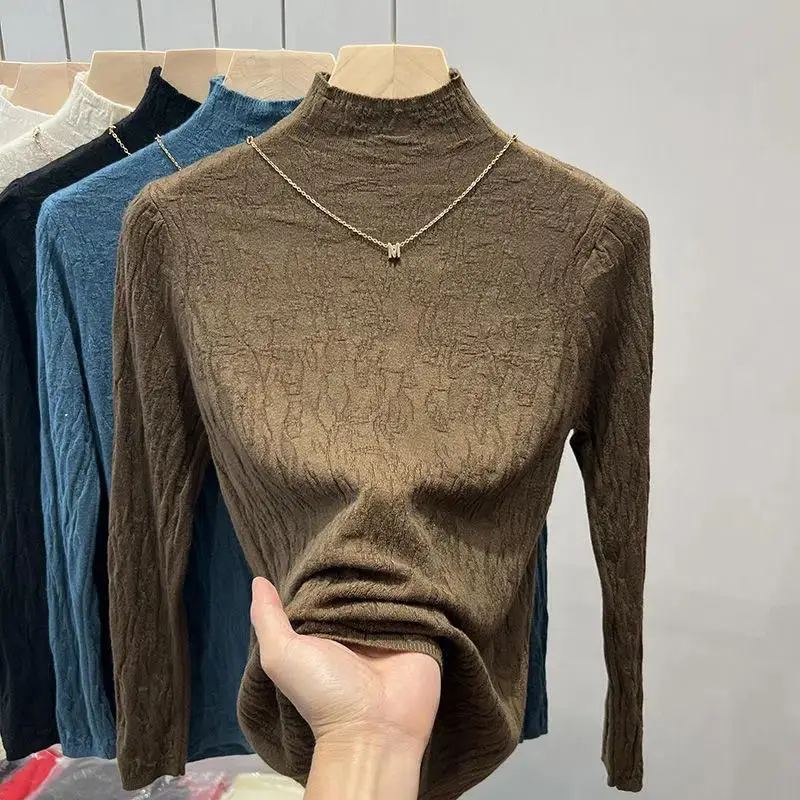 Fashion Women Slim Bottoming Warm Sweater Autumn Winter Half High Collar Korean Versatile Casual Long Sleeve Knit Pullovers Tops