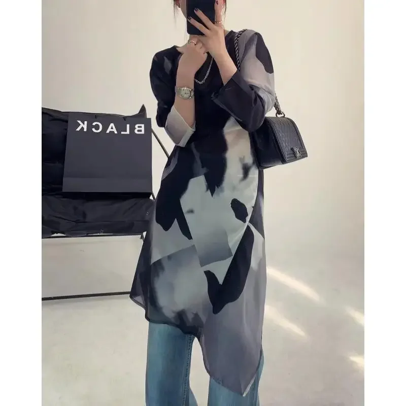 Chemisier imprimé géométrique pour femmes, chemise en mousseline de soie à manches longues, décontracté, Y2k, hauts asymétriques, nouvelle collection été