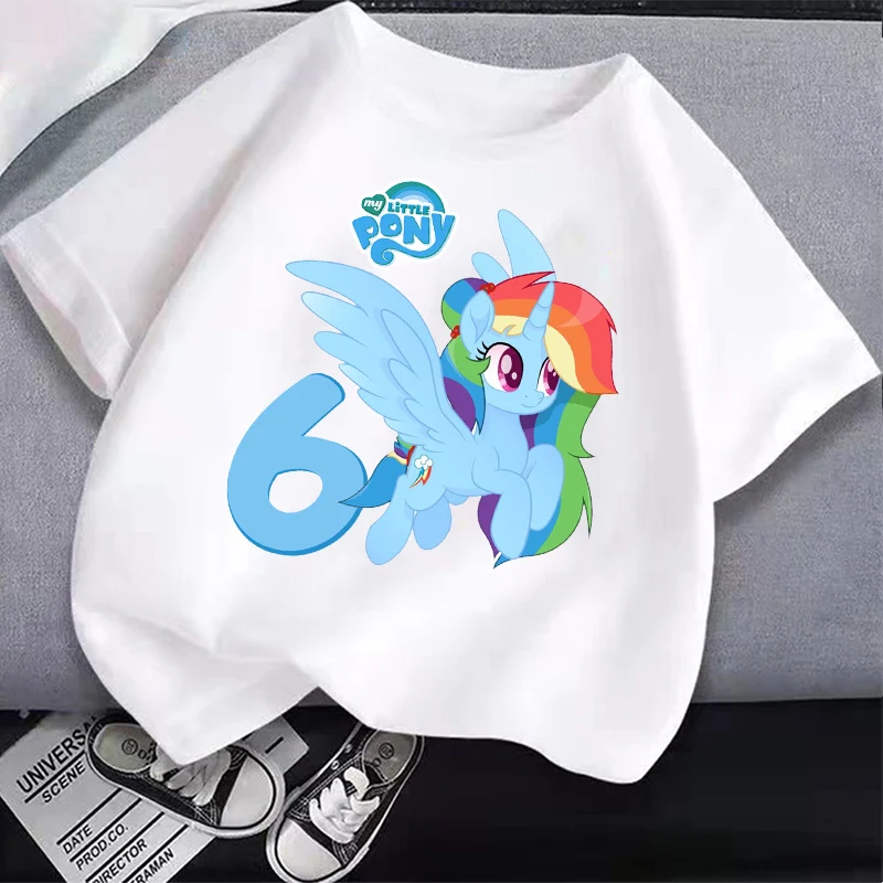 My Little Ponys Children Number 1-10 T-Shirt Birthday Cute Anime Rainbow Dashs Clothes Kid Cotton T Shirt White Casual Tops Gift