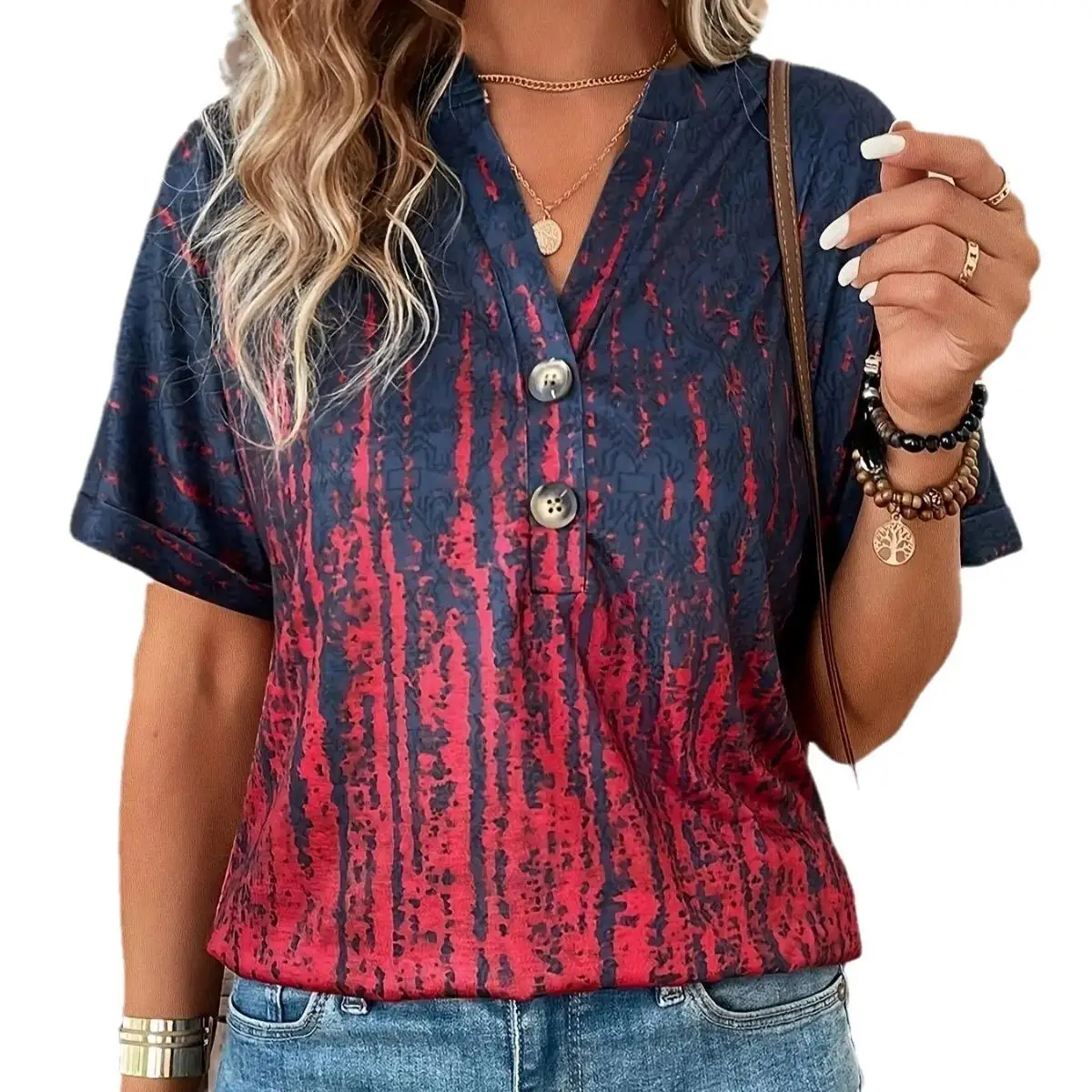 レディース プリント Tシャツ カジュアル スリムフィット ポリエステル生地 Tシャツ おしゃれなカラーブロックデザイン