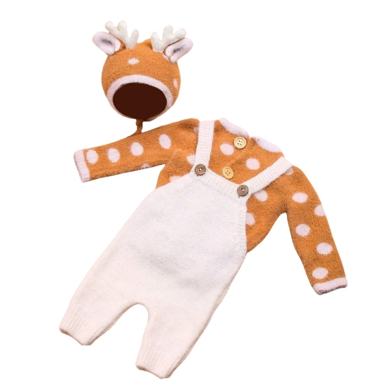 1 Set Newborns Deer Themed Photoshoots Apparel Breathable Fabric Long Sleeve Sweater Strap Pants & Matching Hat Props