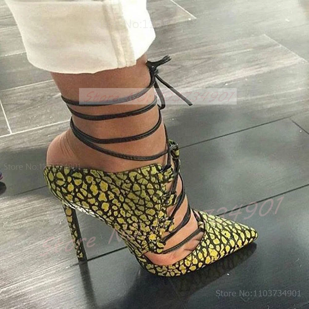Street Fashion Rome - Gele luipaard slingback sandalen met veters
