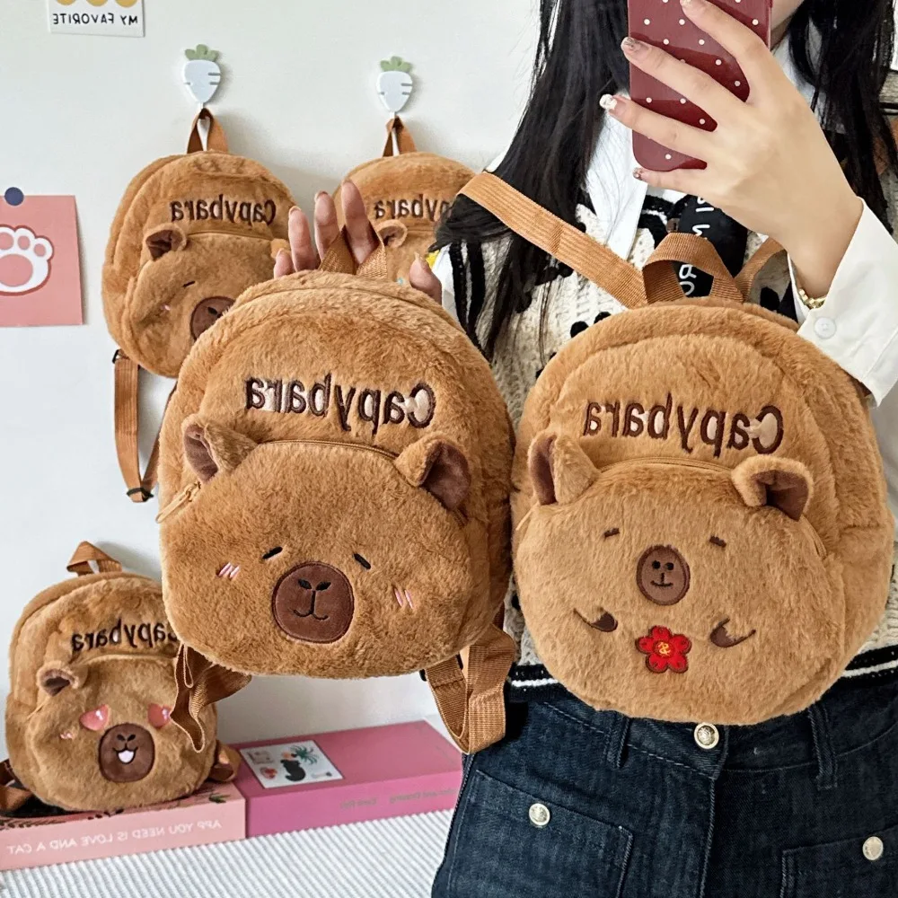 Engrossado capivara mochila de pelúcia pp algodão bordado dos desenhos animados animal daypack macio leve grande capacidade saco escolar meninas