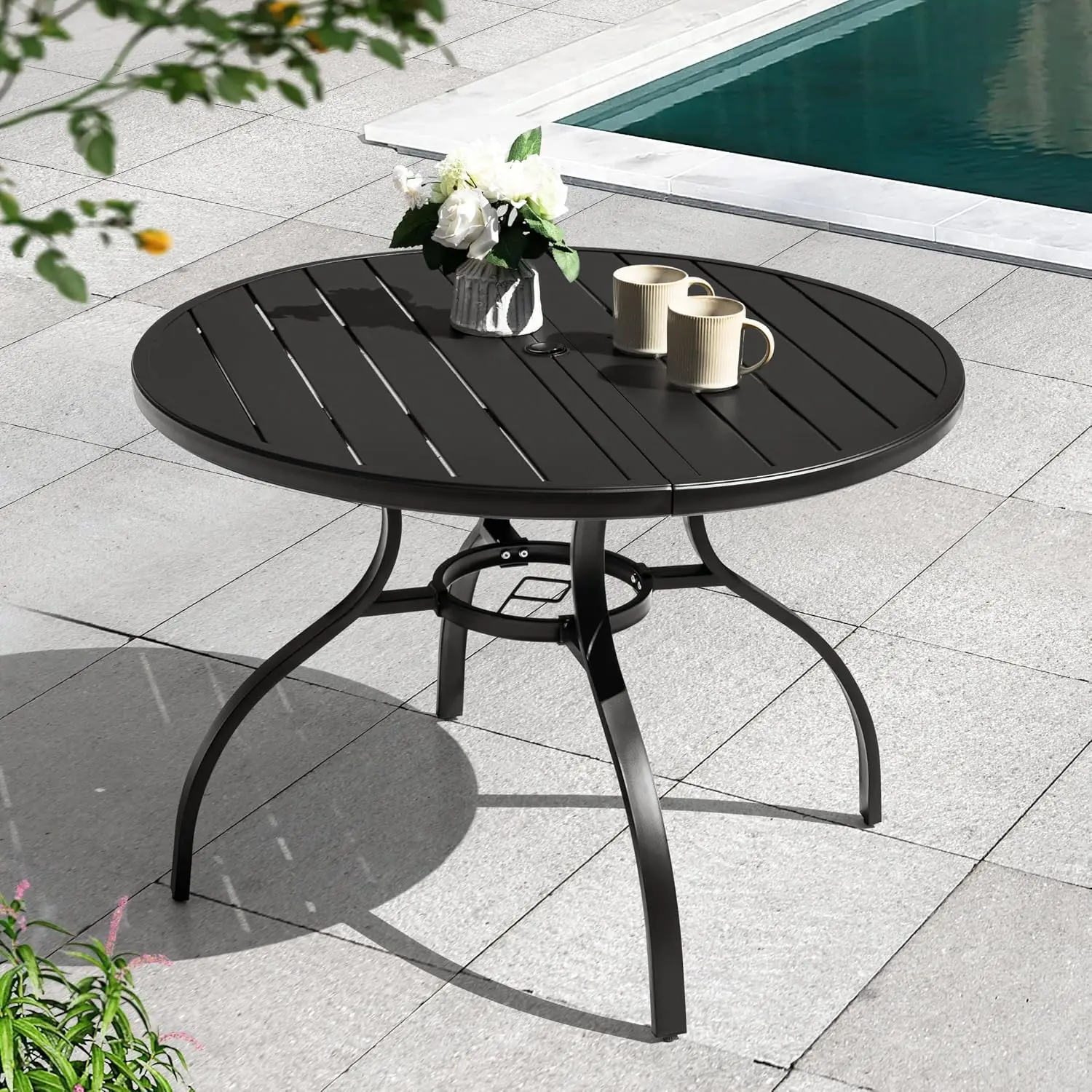41 Inch Round Metal Outdoor Patio Dining Table 4 All Weather Slatted Outdoor Table 157 Umbrella Hole Adjustable Feet Lawn Garden