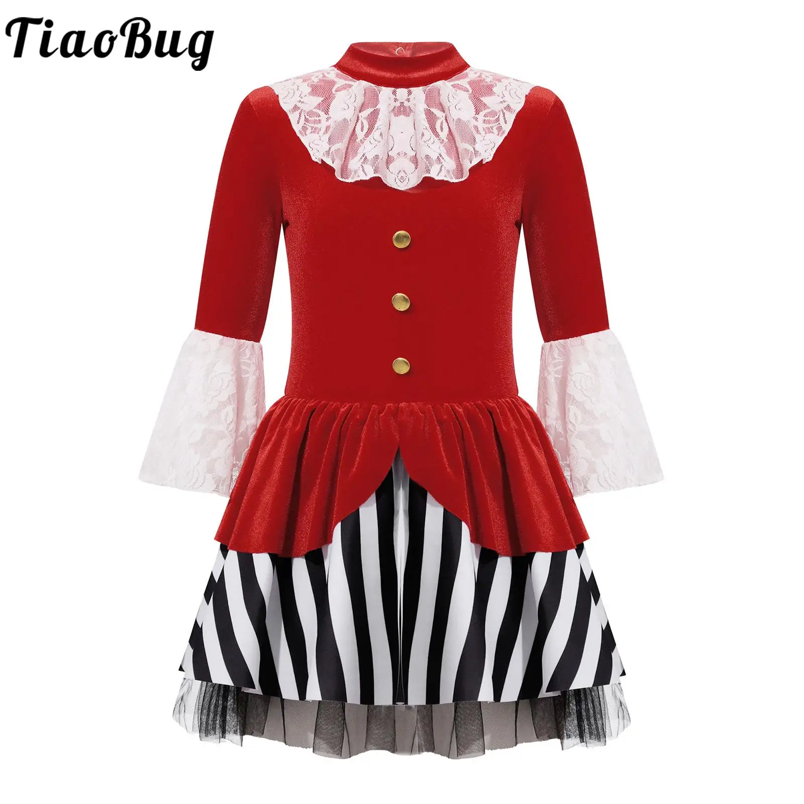 Kids Girls Pirate Costume Halloween Medieval Renaissance Cosplay Outfit Long Sleeve Lace Velvet Stripes Print Dress Leotard Tutu