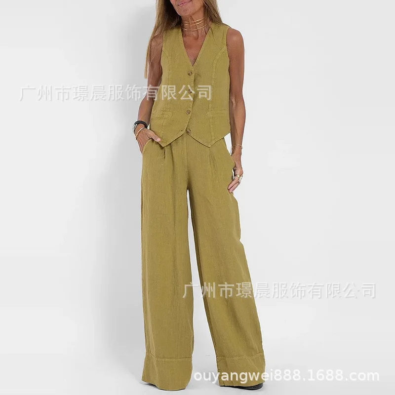 Summer Fashion Vest Two Piece Set Women Casual Button Sleeveless Vest Wide Leg Pants Two Piece Set Women