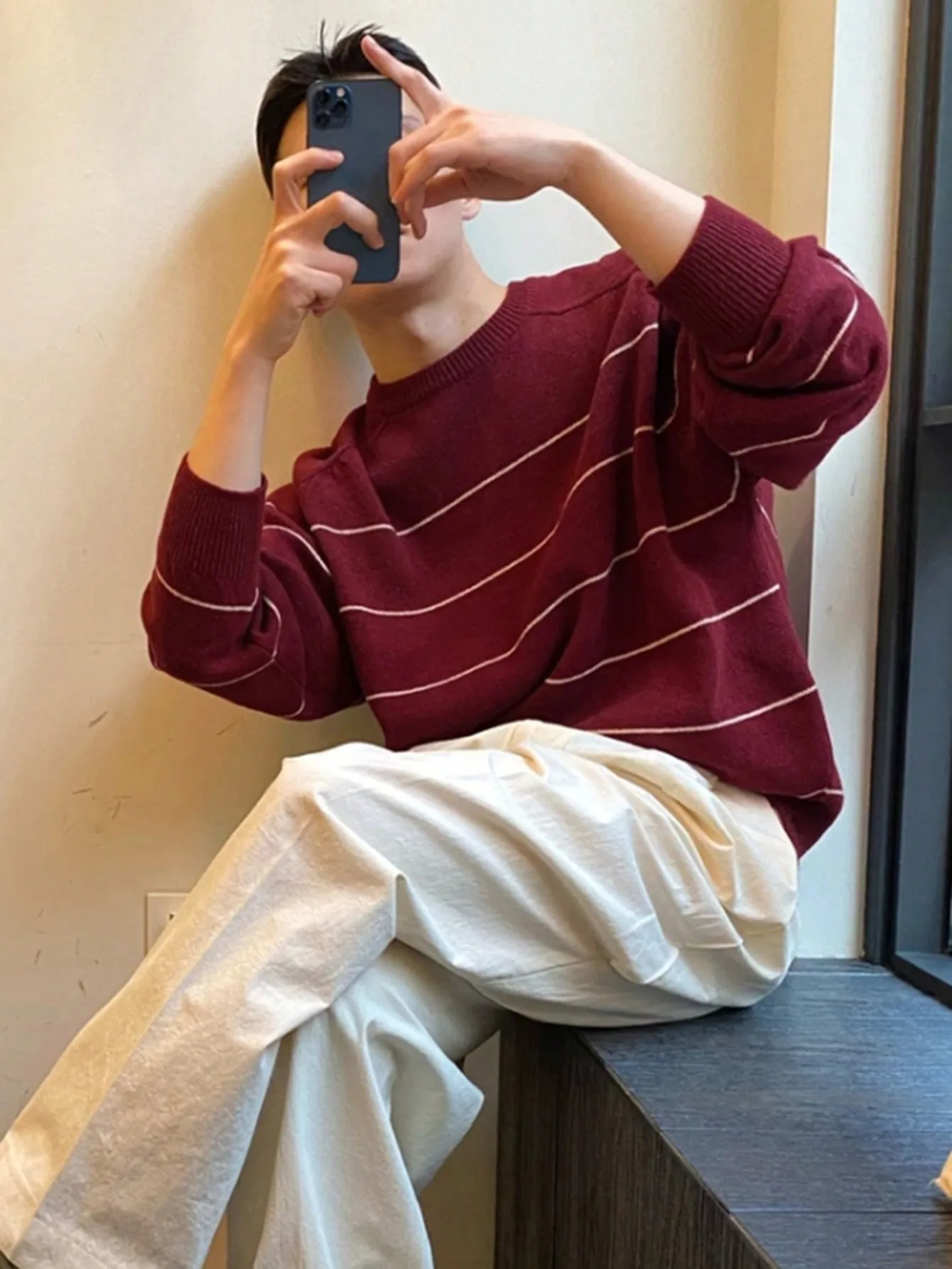 

Мужской свитер с круглым вырезом и бордовыми полосками, свободный крой, повседневный пуловер для осени