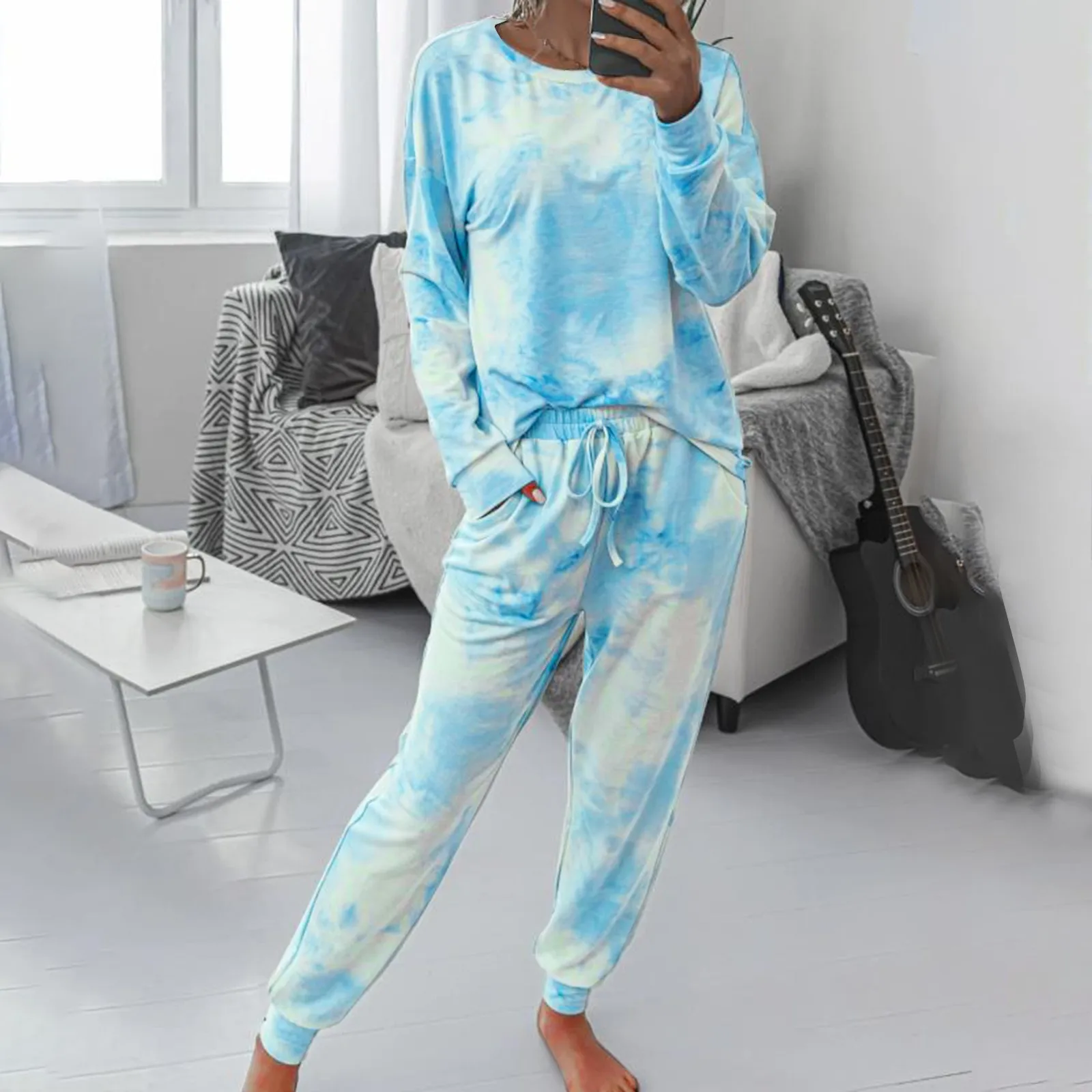 Autumn Winter Womens Tie Dye 2 Piece Tracksuit Set Long Sleeve Sweatshirt With Long Pants Outdoor Home Clothes Suit