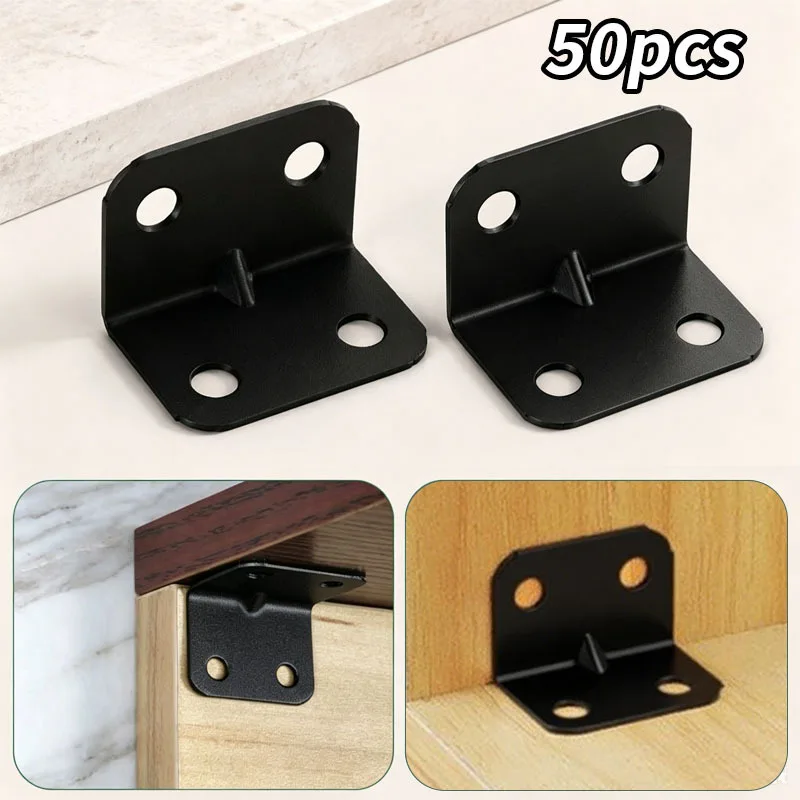 50pcs Black Corner Codes, Right Angle Brackets, 4-Hole Fixing, Fasteners, Suitable for Tables, Chairs, Cabinets, Shelves