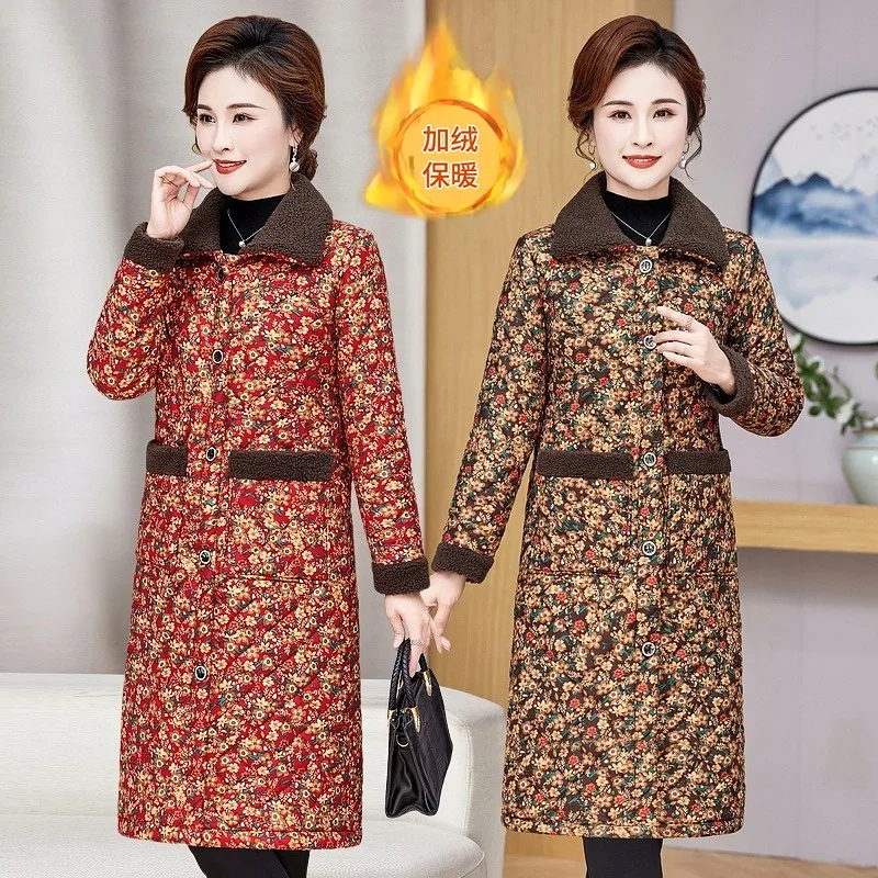 

Mother Winter Cotton Clothes Add Velvet Thick Warm Padded Coat Middle Aged Elderly Grandma Casual Long Parkas Jacket