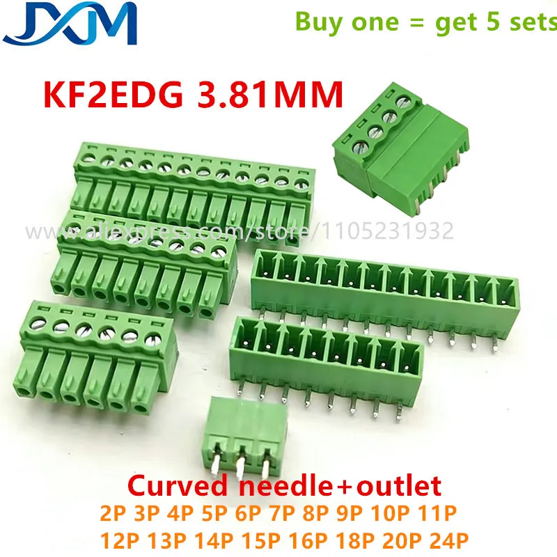 5sets KF2EDG 3.81mm PCB Terminal Block Connector 2P3P4P5P6P7P8P9P10P11P12P13P14P15P16P18P20P24P Curved needle+Plug/outlet