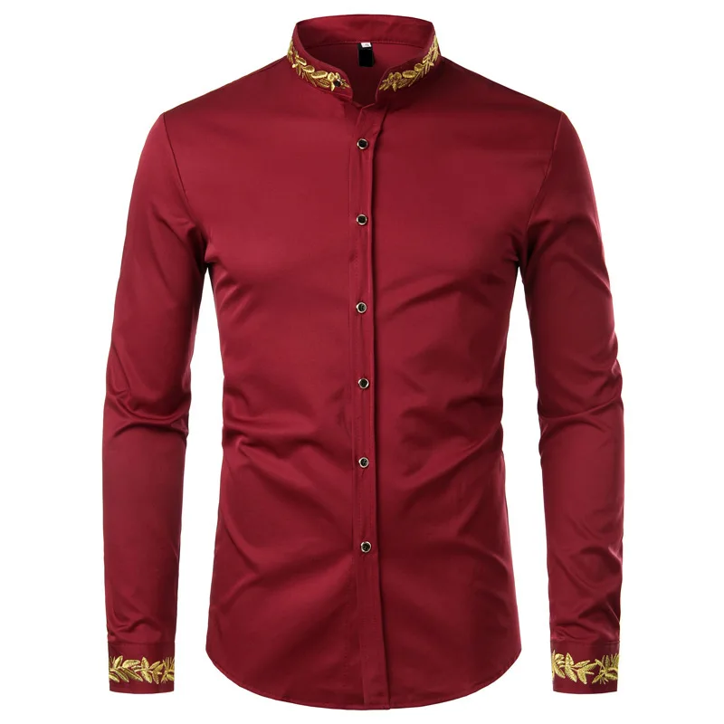 Gouden Borduurwerk Wit Overhemd Mannen Merk Nieuwe Stand Kraag Heren Dress Shirts Casual Slim Lange Mouwen Chemise Homme Camisa Masculina