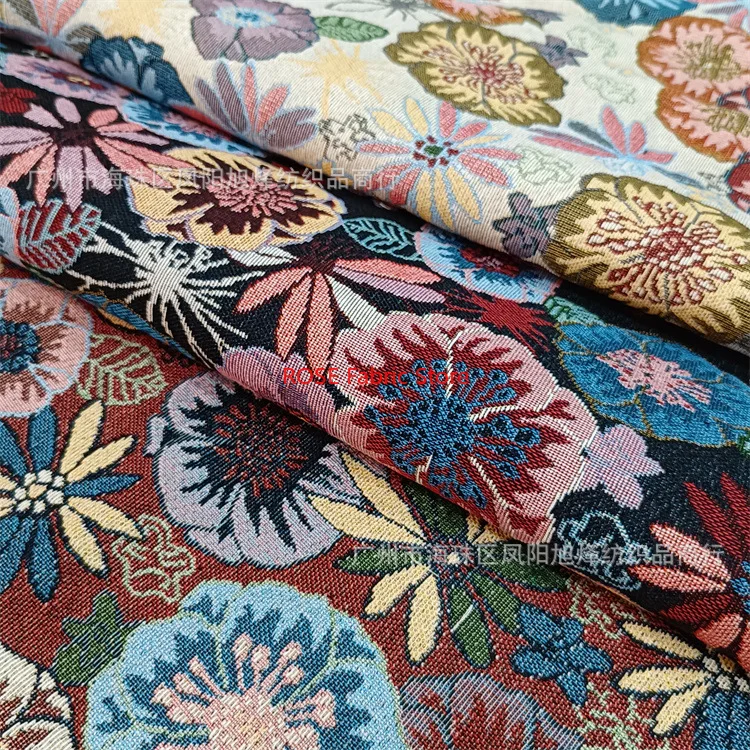 Retro colorful flower jacquard fabric for girls dresses, coats, designer fabrics, bags, tablecloths, hats DIY fabric 1 meter