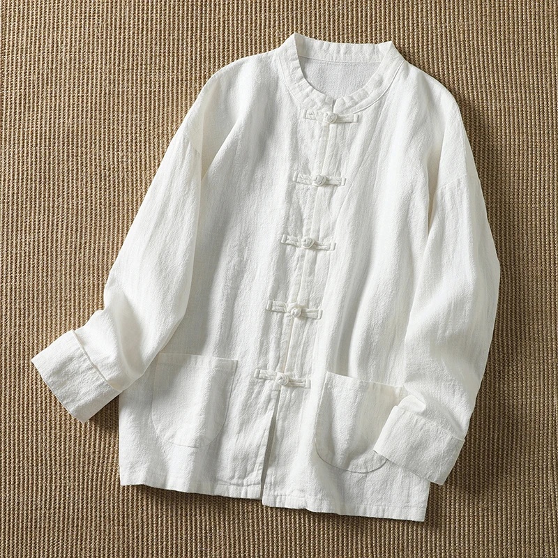 High-End Cotton Linen Button-Up Shirt Women's Spring Autumn Loose Top Retro Tea Costume Shirt Chinese Style Tai Chi Clothes