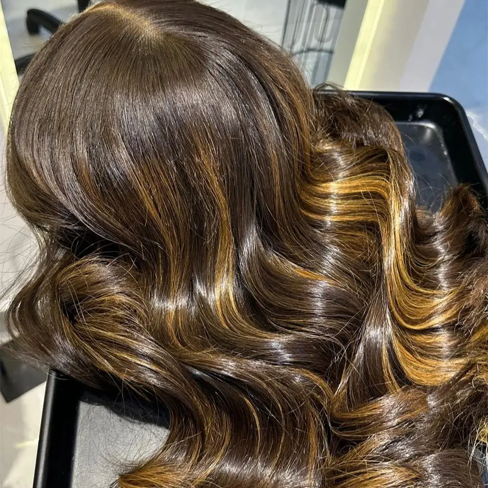 Women's Wig Ombre Dark Brown Balayage Luxury Synthetic Lace Front Wig Soft Glueless HD Lace Wig Preplucked Realistic Look Wig