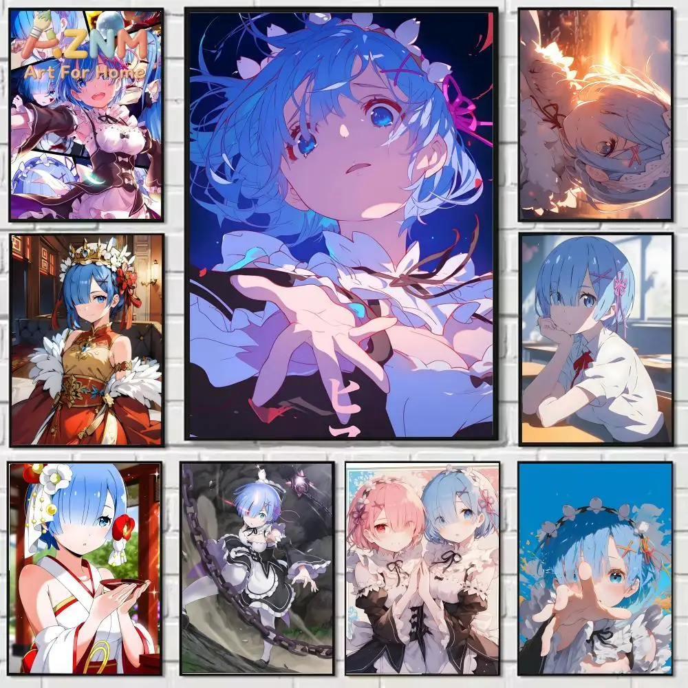 AZNM Re:Zero Rem - Lienzo decorativo de anime, impresión de personaje de sirvienta de pelo azul, decoración de habitación de manga japonesa