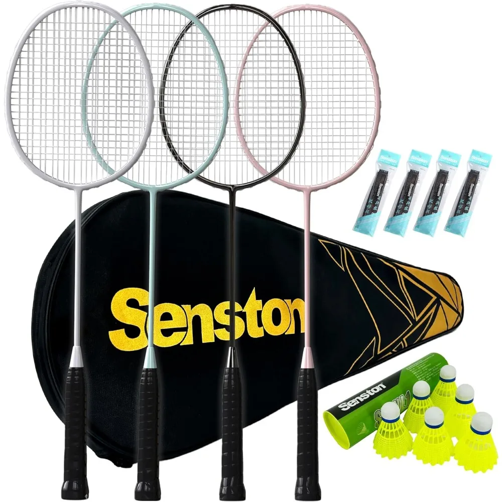 

Professional Badminton Rackets Set of 4 - Carbon Fiber, 6 Shuttlecocks, 4 Grips & Bag for Backyard Games | 90g Lightweight