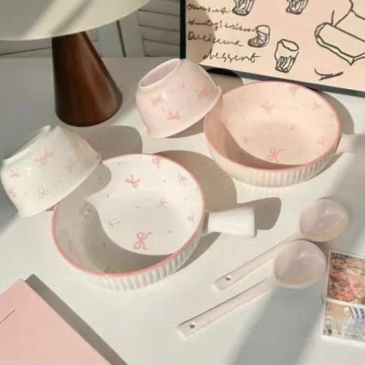 

Bow Dish Set Girl's Heart Cute Rice Bowl Household Ceramic Tableware High Value 1pcs