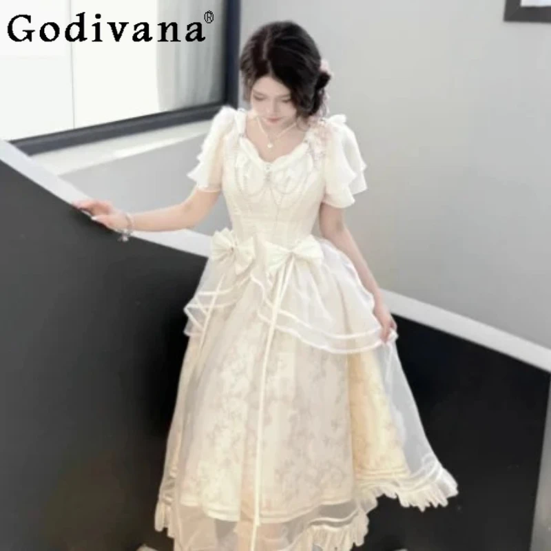 

Large Size Summer Apricot Court Elegant Bow High Waist Dresses V-neck Short Sleeve Korean Versatile Age-reducing Princess Dress