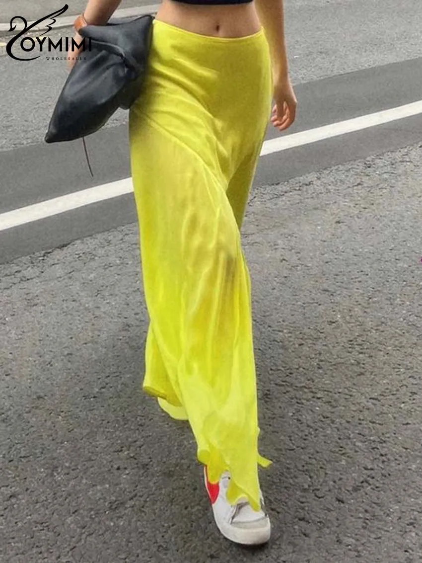 Oymimi Elegant Yellow Loose Skirts For Woman Fashion Low Waisted Floor-Length Casual New Solid Pleated Skirt Female Clothing