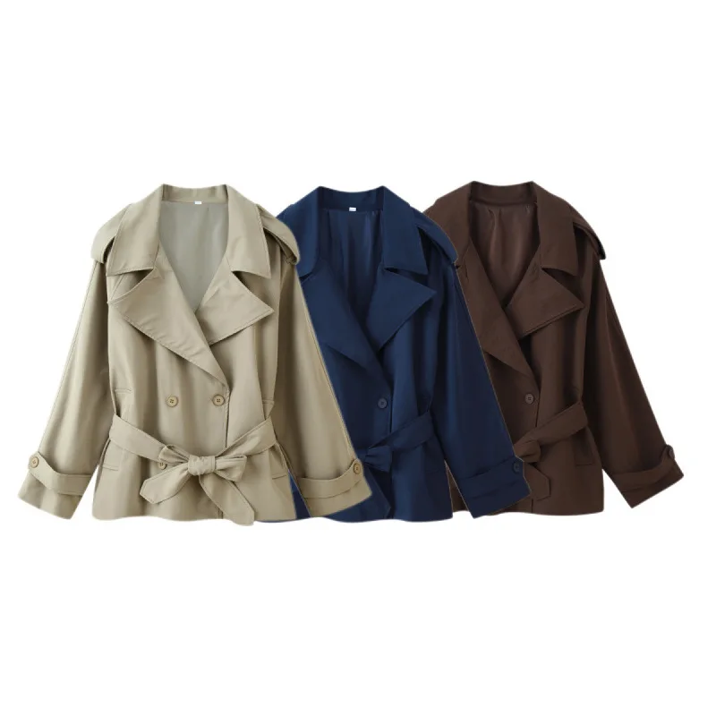 Cappotto giacca a vento autunnale da donna Cappotto doppiopetto con cintura Cravatta in vita Capispalla doppiopetto Abbigliamento da donna alla moda
