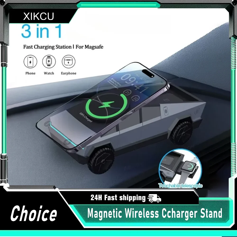

Быстрое магнитное беспроводное зарядное устройство 3 в 1, автомобильная подставка для телефона для Magsafe iPhone 16 15 14 13 12 Apple Watch 10 ~ 2 SE AirPods Pro