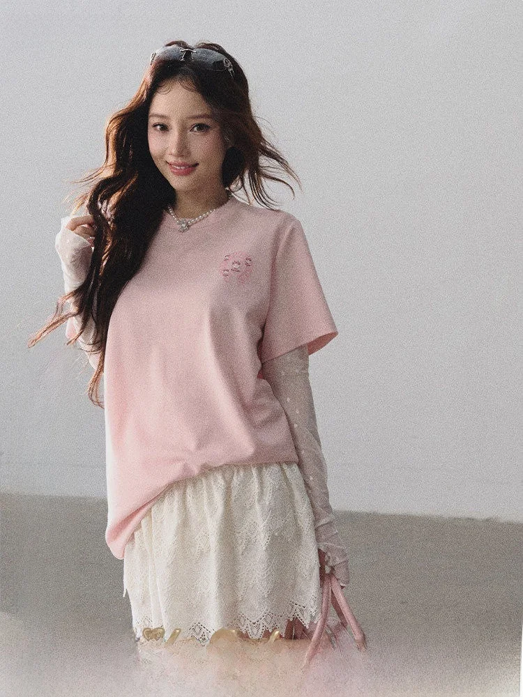 Cute Style Loose Fit Short Sleeve Pink Sweet Girl Feel T-Shirt Summer Casual Cotton Blend Top for Young Women