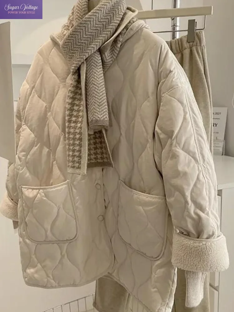 Korean Fashion Chic Diamond Quilted Puffer Parka Women Lamb Faux Fur Cuff Patch Pocket Loose Warm Outerwear Winter Casual Outfit