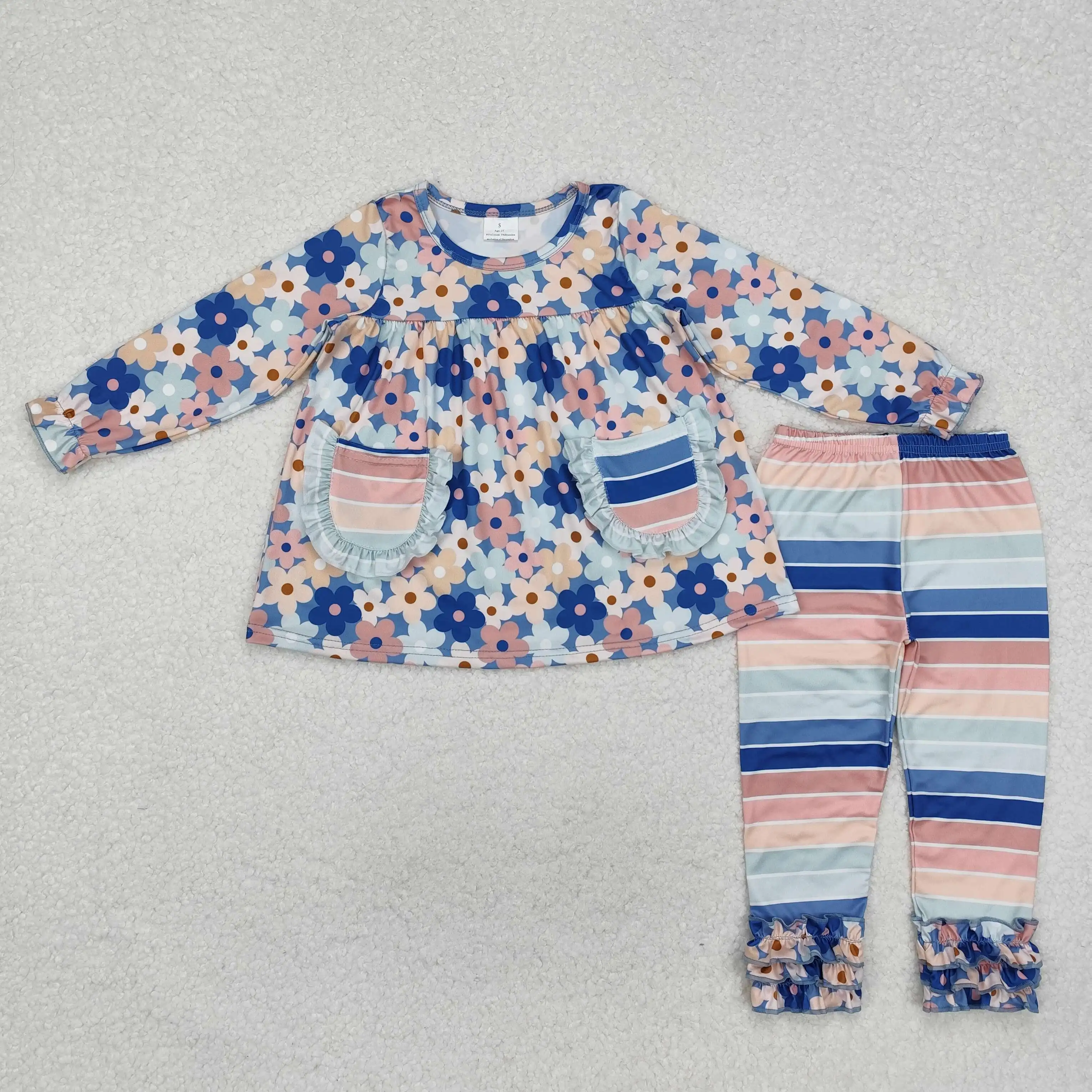 

New rts infant girls fall long sleeve pants suit wholesale boutique pink blue flower print pocket design girl clothing