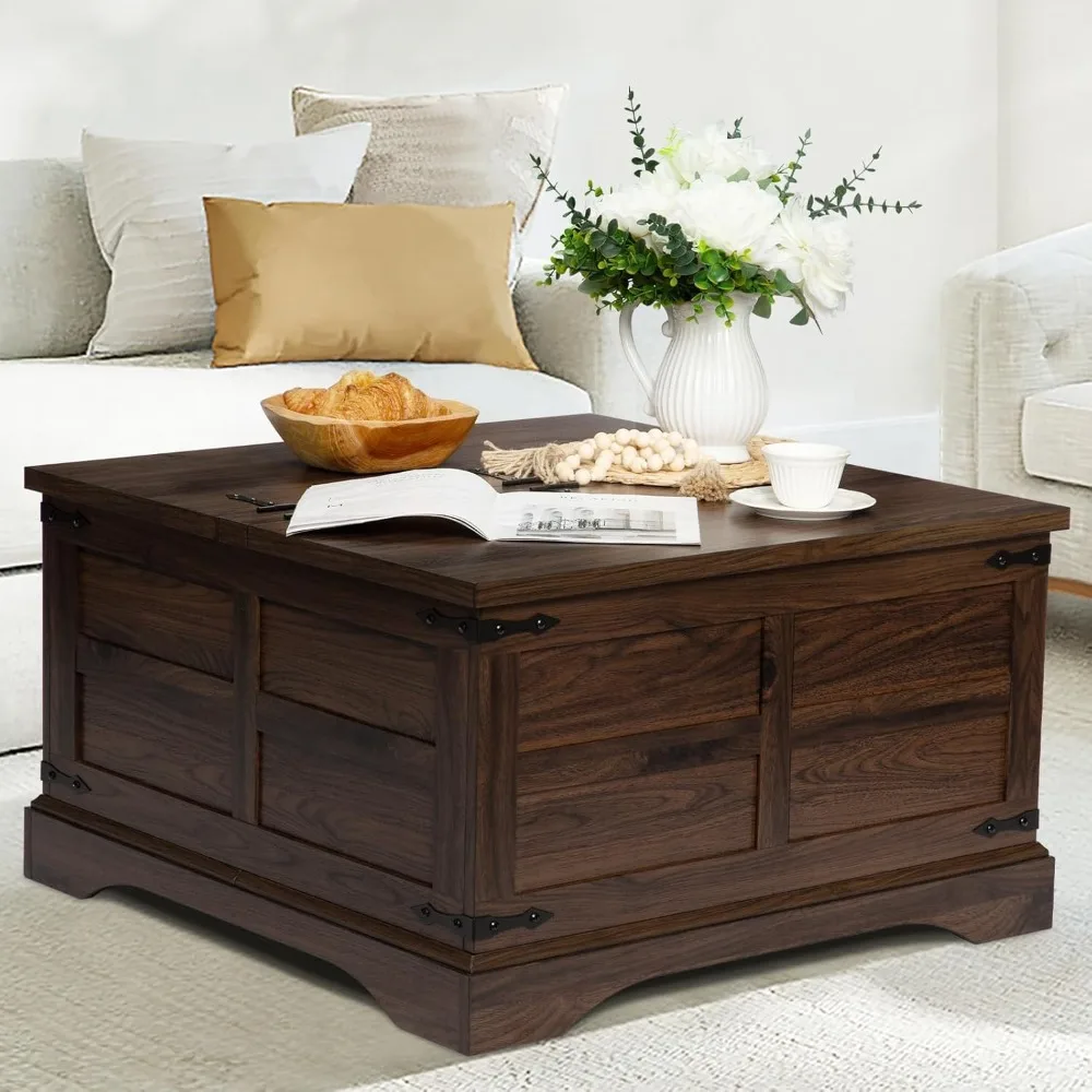 Farmhouse Coffee Table with Hinged Lift Top and Large Hidden Storage Compartment, Rustic Square Wood Central Table