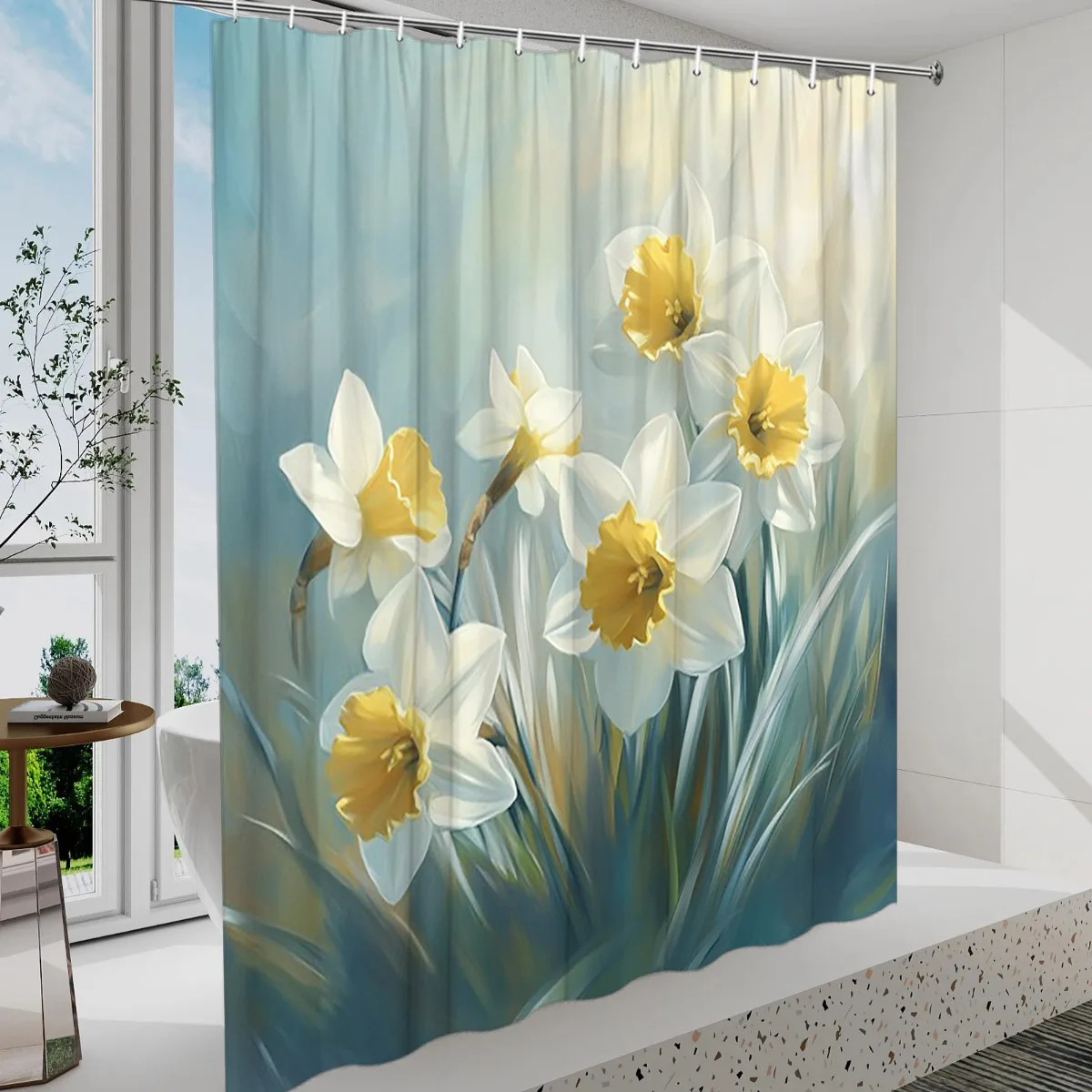 

1 шт. Занавеска для душа с нарциссами — белые цветы с желтыми центрами, мягкий пастельный фон, полиэстер, моющийся
