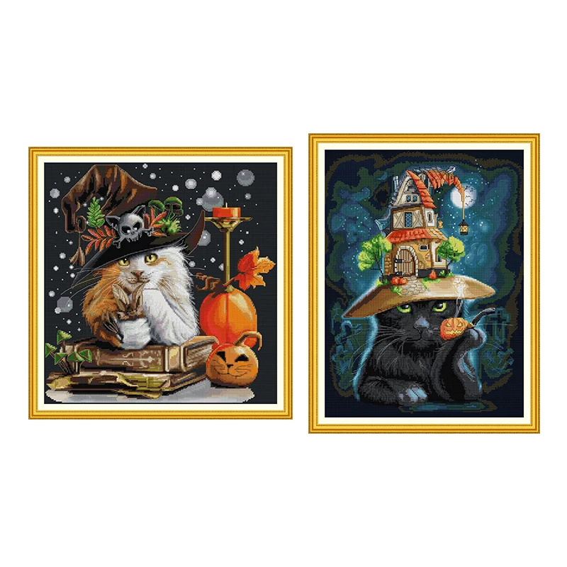 Joy Sunday Cat Wizard Count And Stamped Cross Stitch Kits 14CT 11CT White Cloth Printing Needle Thread Embroidery Home Decor