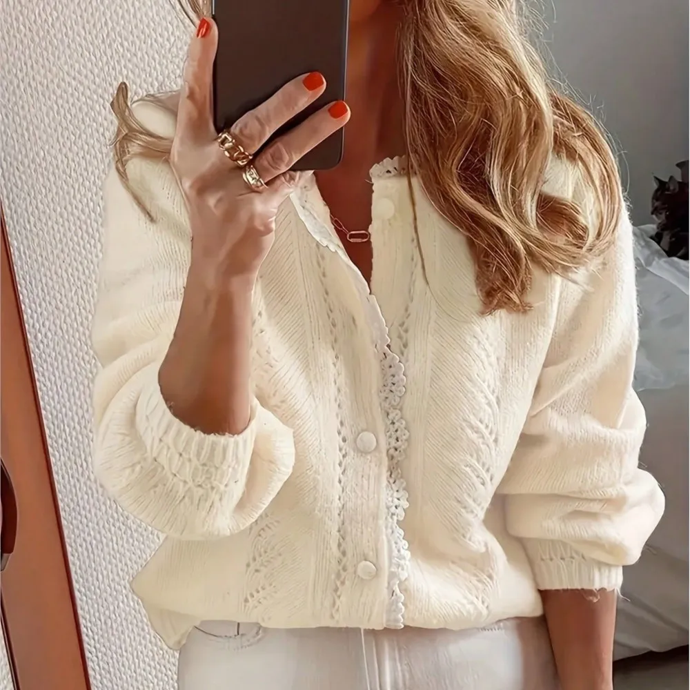 Women's Clothing Solid Color Knitted Cardigan Hollow Out Long-sleeved Single-breasted Sweater Jacket Simple Style All-match Slim 3
