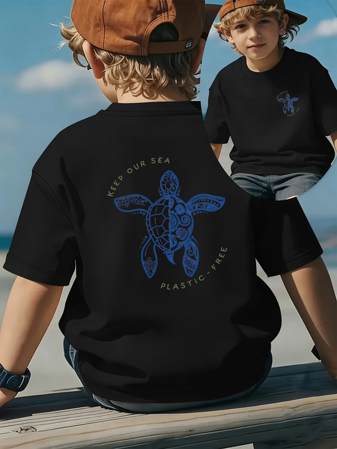 Protecting The Ocean Blue Watercolor Turtle Naturalistic Art Painting Fashionable Summer Round Neck Parent Child Clothing