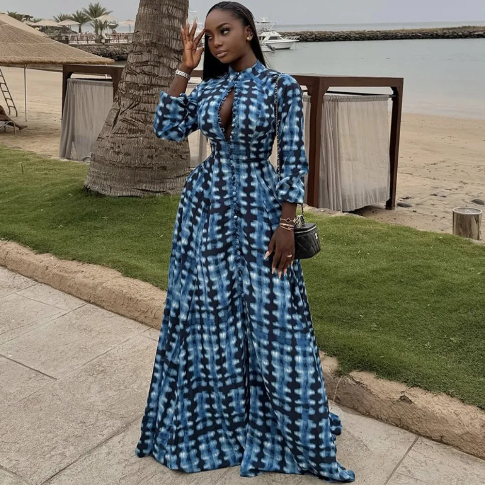 Damen Mode-Print Maxikleid Stehkragen Vordere Knopfleiste Lange Ärmel Tailliertes Elegantes Partykleid für Herbst Winter Alltag Urlaub