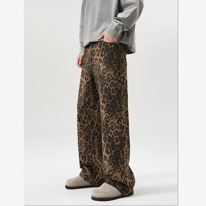 Autumn Winter Pants Men Loose Harlan Straight Wide-leg Trousers Leopard-print Casual Pants Young Men's Bottoms Brown XXXL