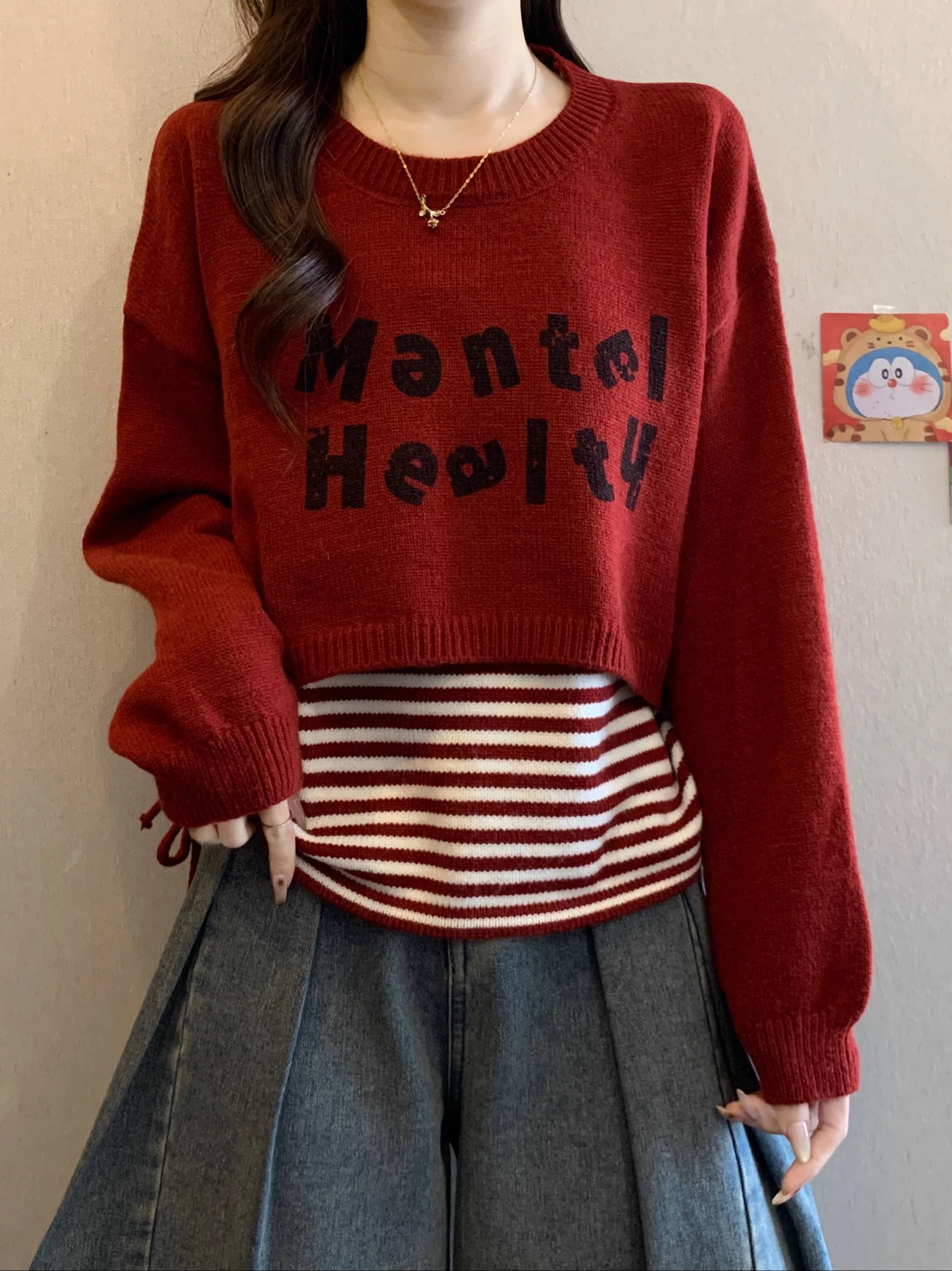 

Autumn Winter plus Size Striped Tank Top Outerwear Knitted Sweater Layering Top Two Piece Set Commute Style Loose Fit Long Sl...