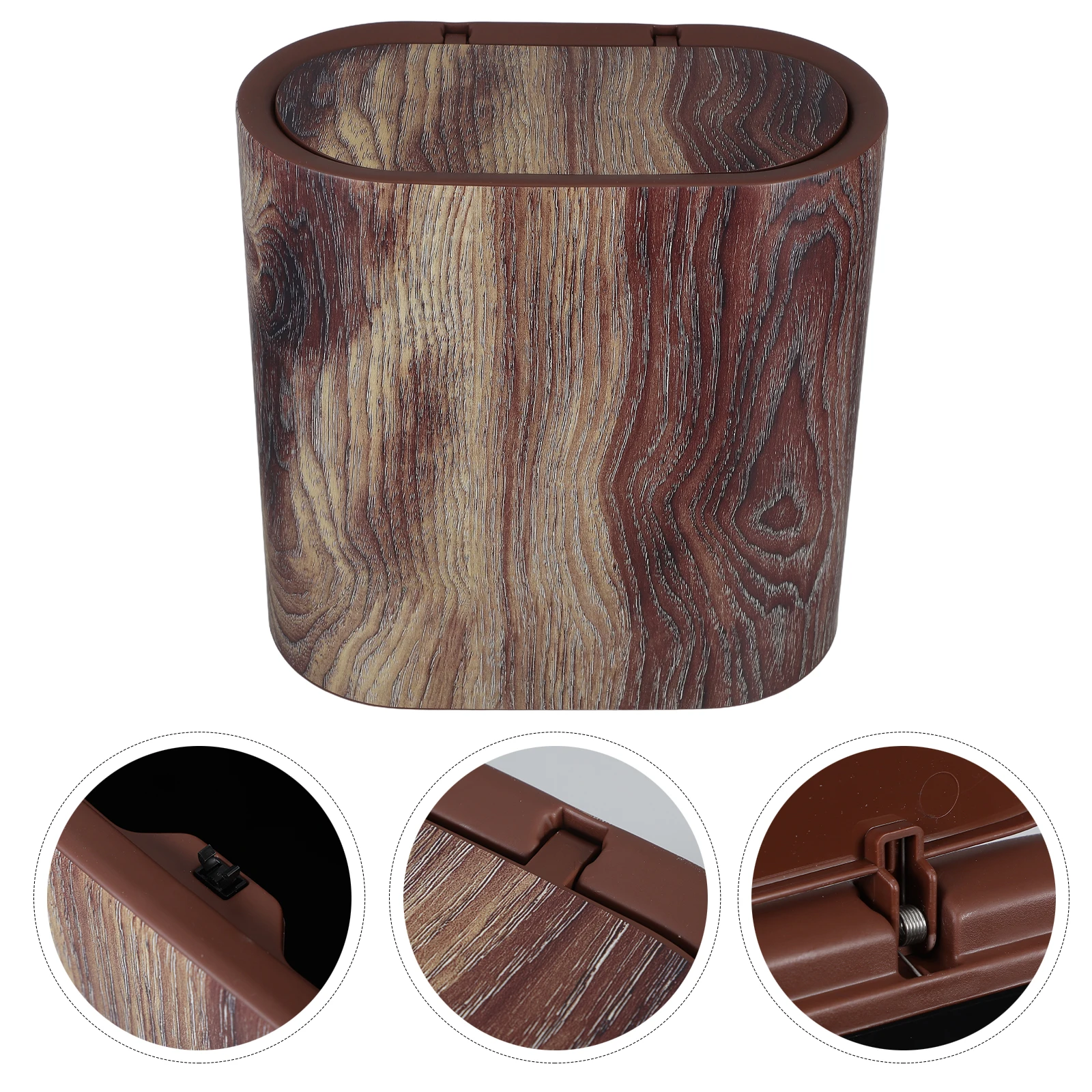 

Slim Space-Saving Wood Grain Trash Can Bathroom Kitchen Office With Lid Compact Garbage Bin For Small Spaces Narrow Waste