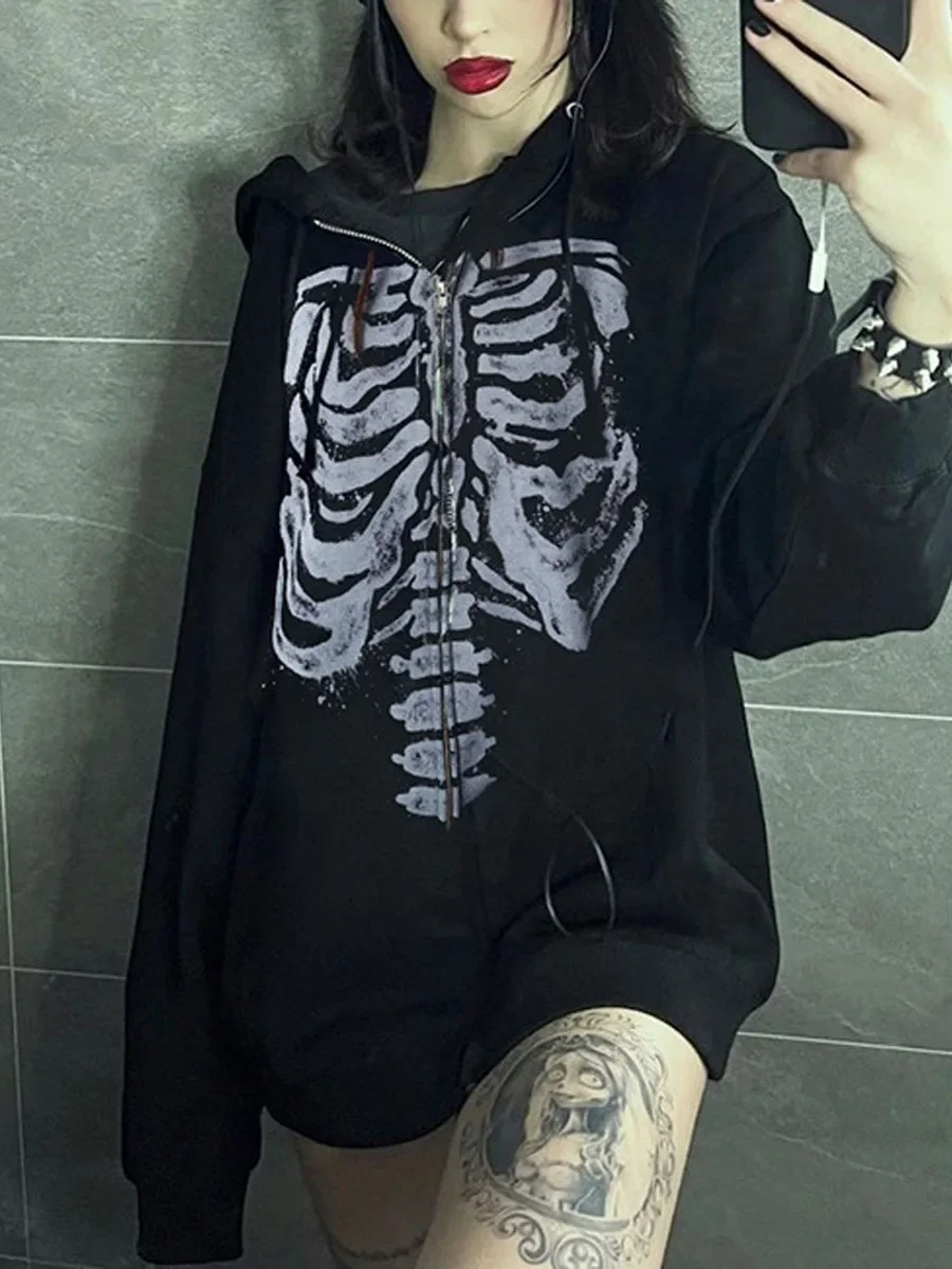 Halloween Women Spring Autumn Casual Hooded Coat Long Sleeve Skull Print Zipper Hoodie Grunge Long Sleeve Top Gothic Sweatshirt