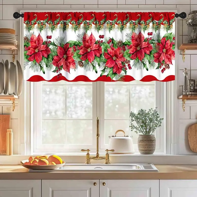 VIKAMA Christmas Window Valance Gingerbread Man House Poinsettia Holly Berry Kitchen Xmas Holiday Window Curtain Decor