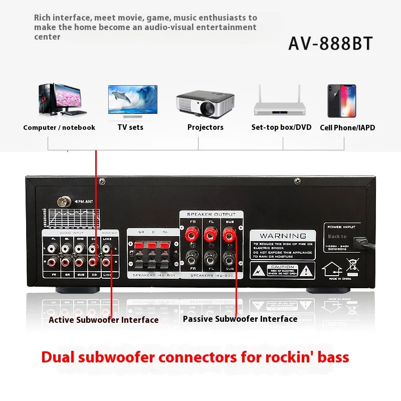 เครื่องขยายเสียงดิจิตอลบลูทูธหน้าจอแบบไดนามิก AV-888BT แอมป์เสียงสเตอริโอไฮไฟสำหรับบ้านรถยนต์การประชุมคาราโอเกะสูงสุด4000วัตต์